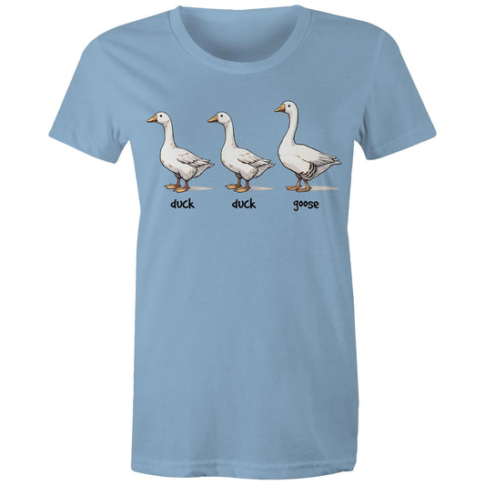 Duck Duck Goose - Womens T-shirt Carolina Blue Womens T-shirt animal Games Printed In Australia