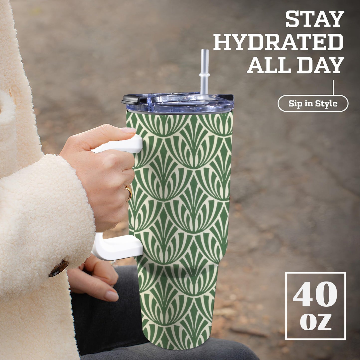 Green Pattern - 40oz Tumbler with White Handle