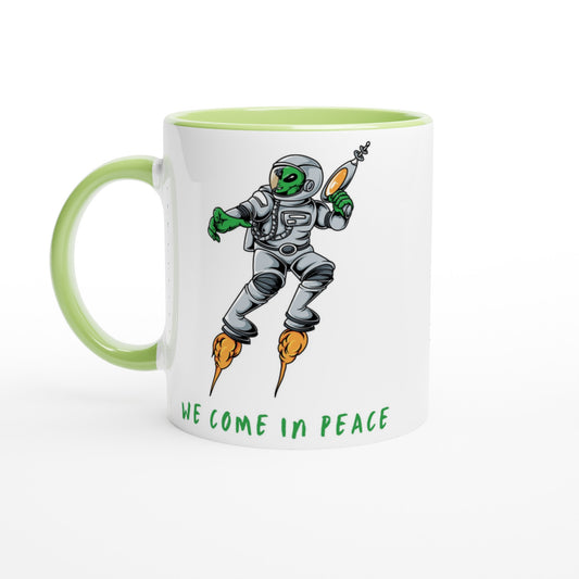 Alien, We Come In Peace - White 11oz Ceramic Mug with Colour Inside Ceramic Green Colour 11oz Mug funny Sci Fi