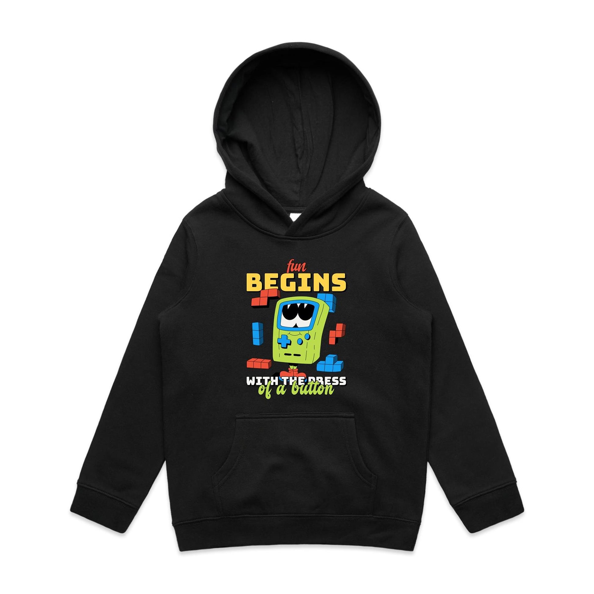Fun Begins With The Press Of A Button, Games - Youth Supply Hood Black Kids Hoodie Games