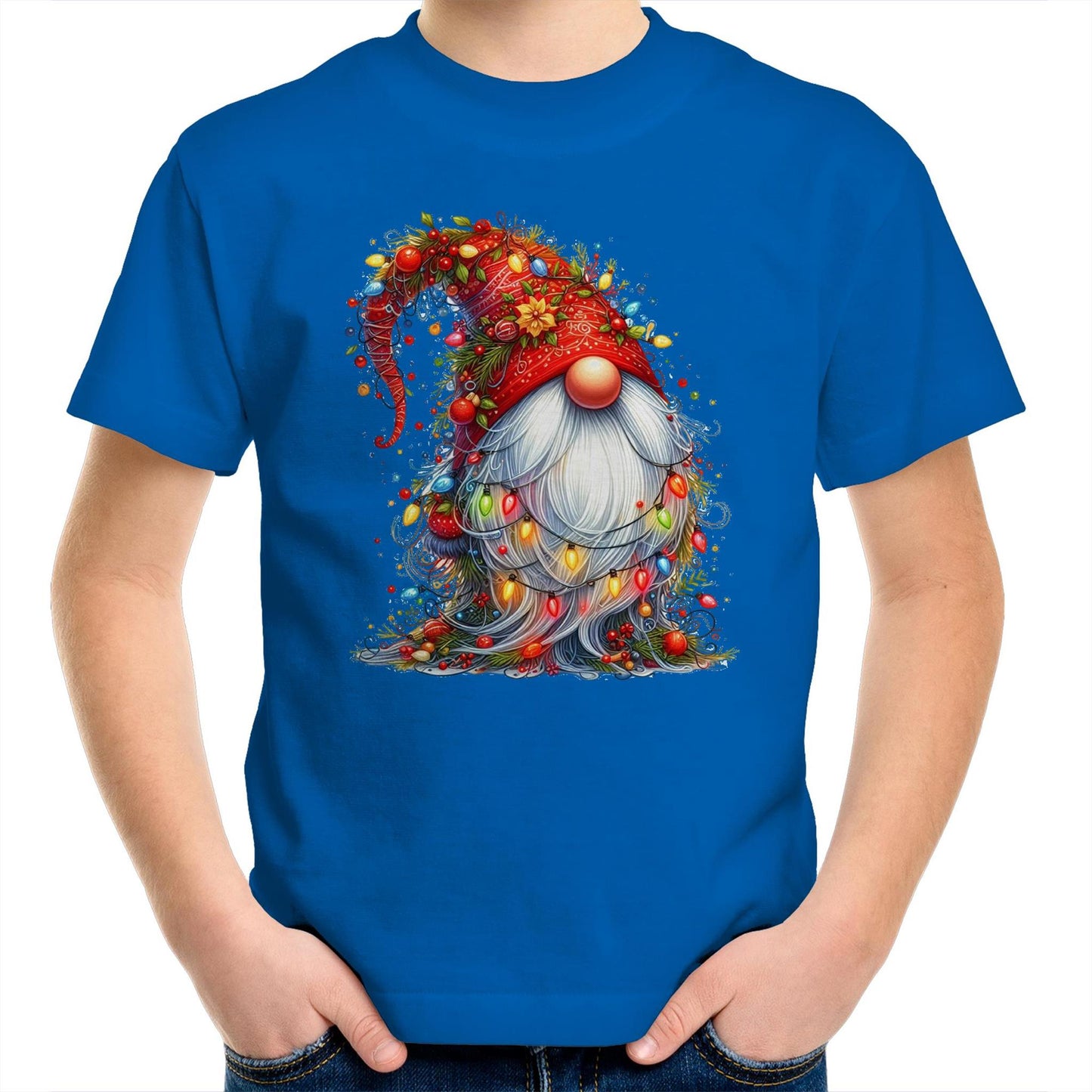 Christmas Gnome Wrapped In Lights - Kids Youth T-Shirt Bright Royal Kids Christmas T-shirt Christmas Printed In Australia