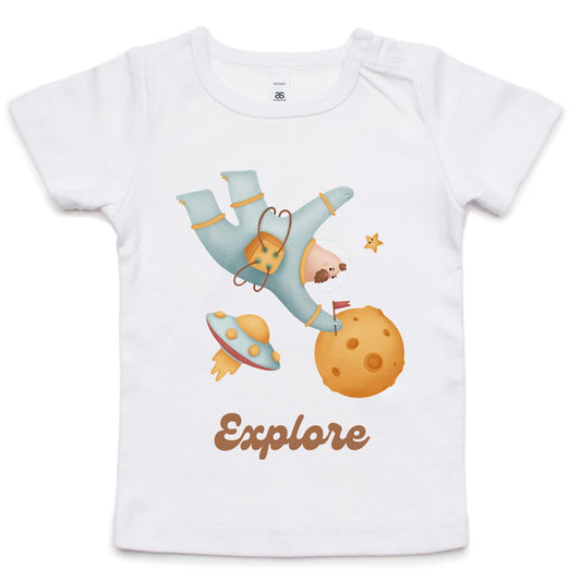 Explore, Astronaut In Space - Baby T-shirt White Baby T-shirt Space