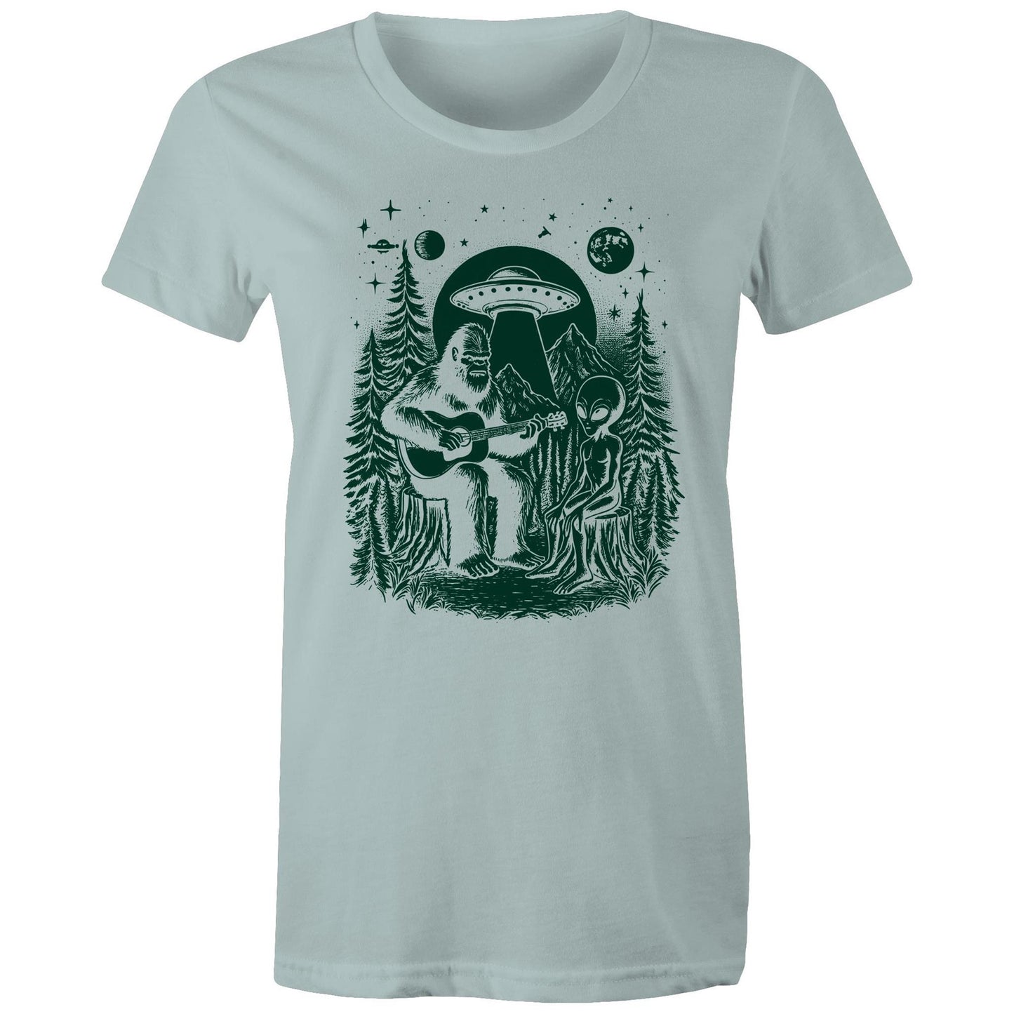 Alien And Bigfoot Play Guitar - Womens T-shirt