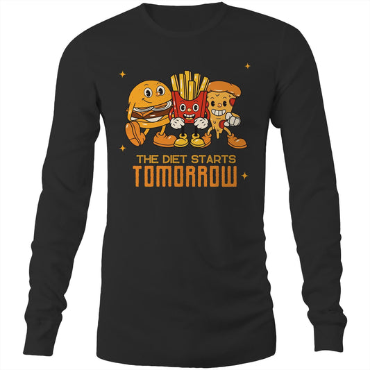 The Diet Starts Tomorrow, Hamburger, Pizza, Fries - Long Sleeve T-Shirt Black Unisex Long Sleeve T-shirt Food Funny Retro