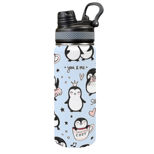 Penguin Love - Insulated Water Bottle with Dual-Use Lid (18oz)