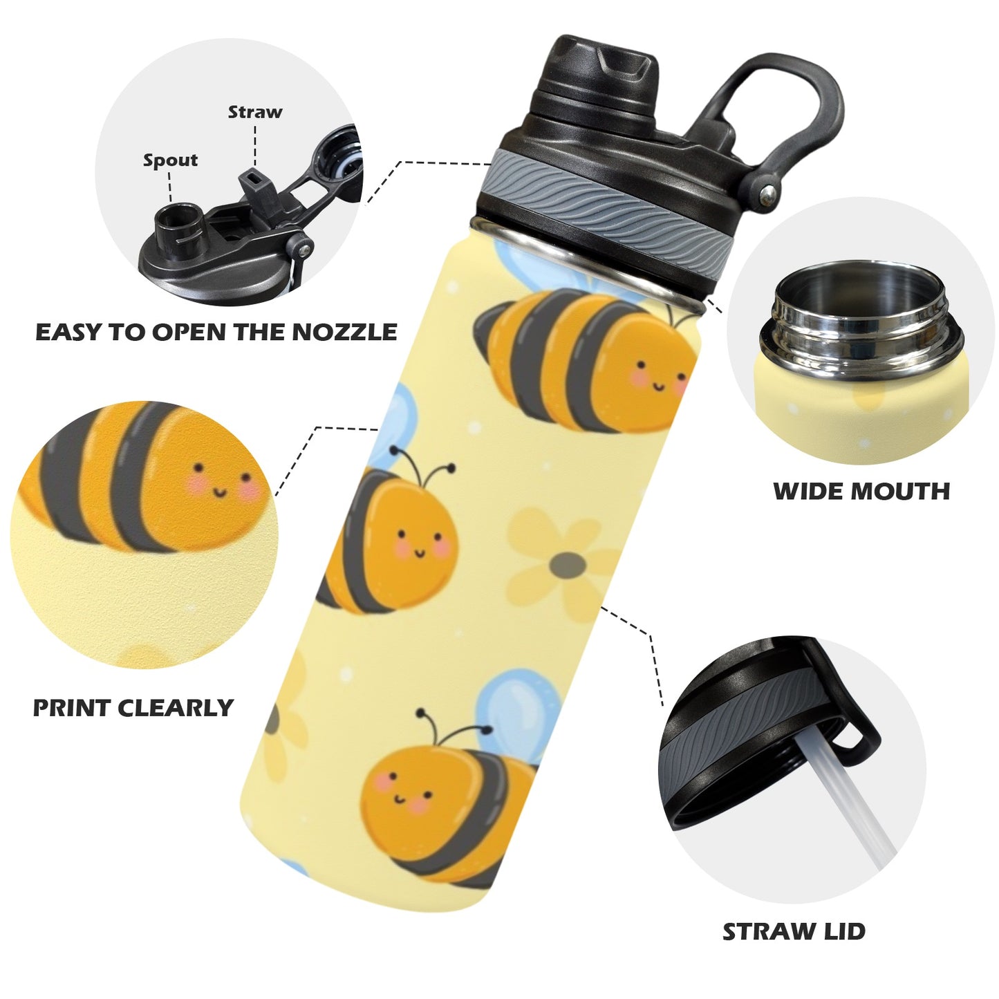 Bright Bees - Insulated Water Bottle with Dual-Use Lid (18oz)