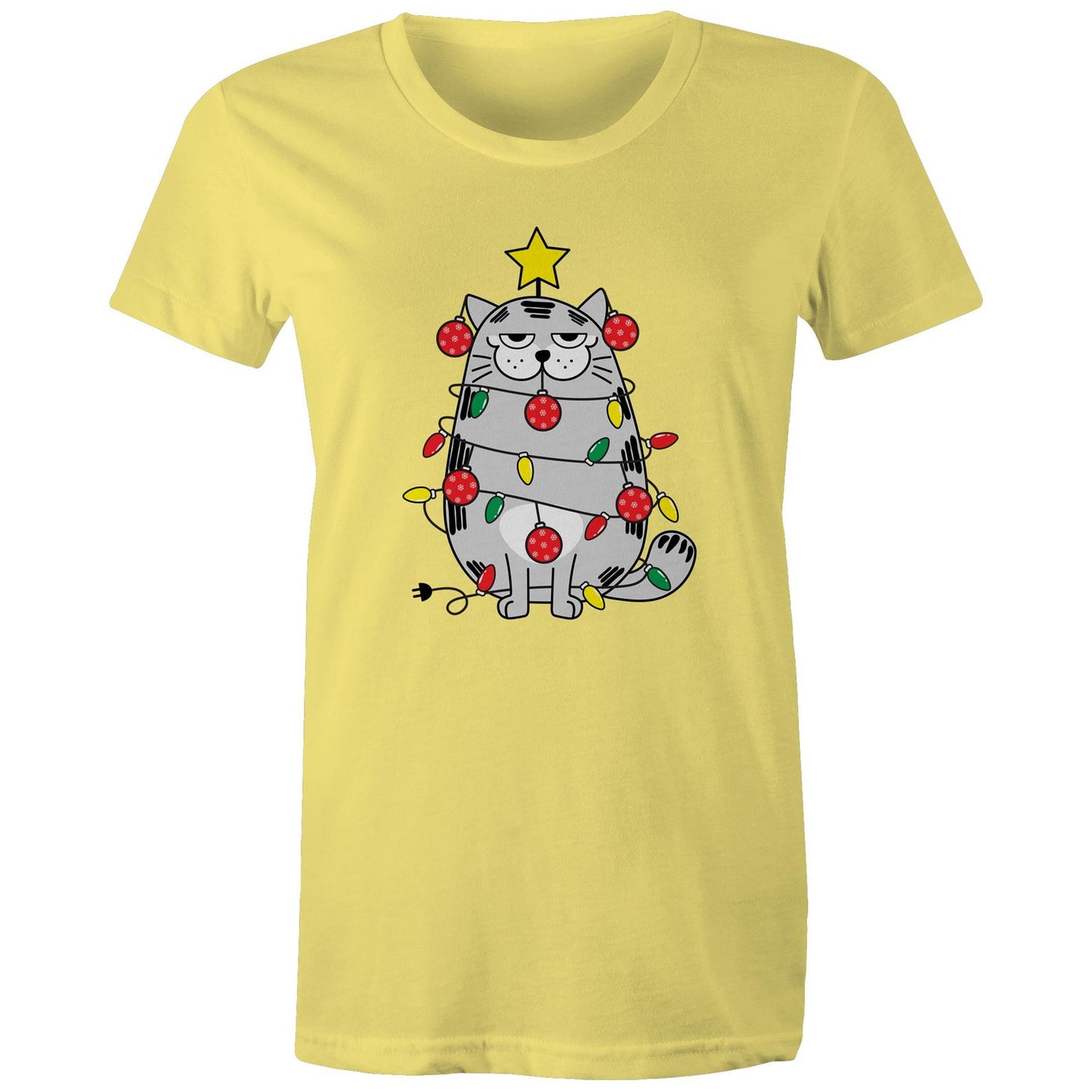 Cat Christmas Lights - Womens T-shirt Yellow Womens Christmas T-shirt Christmas Printed In Australia