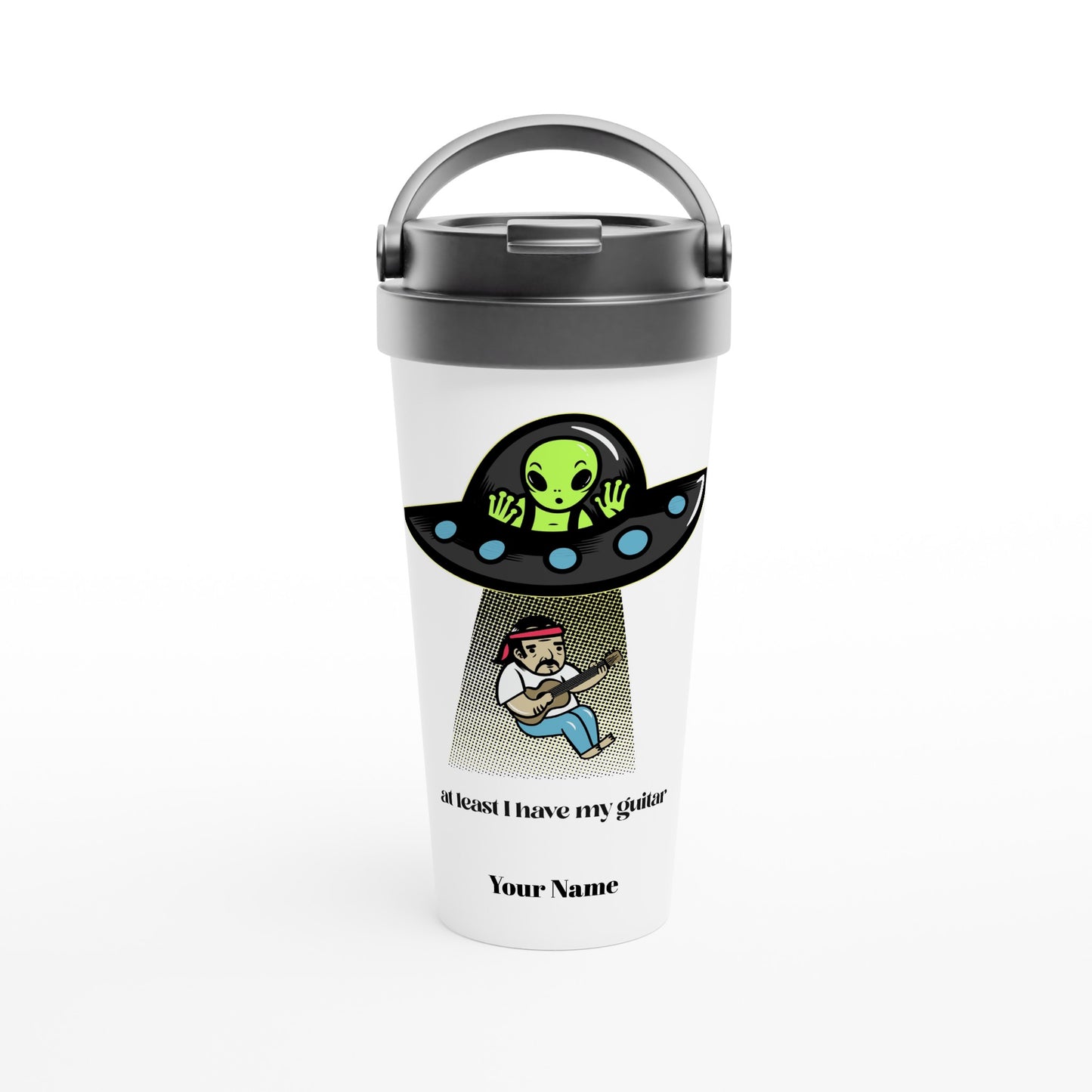 Personalised - Guitarist Alien Abduction - White 15oz Stainless Steel Travel Mug Default Title Personalised Travel Mug funny Music Sci Fi