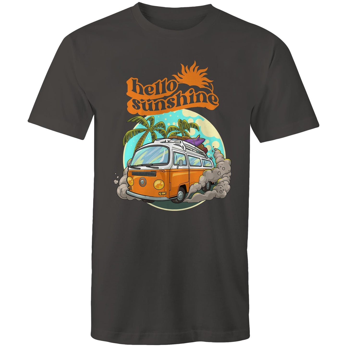 Hello Sunshine, Beach Van - Mens T-Shirt Charcoal Mens T-shirt Summer Surf