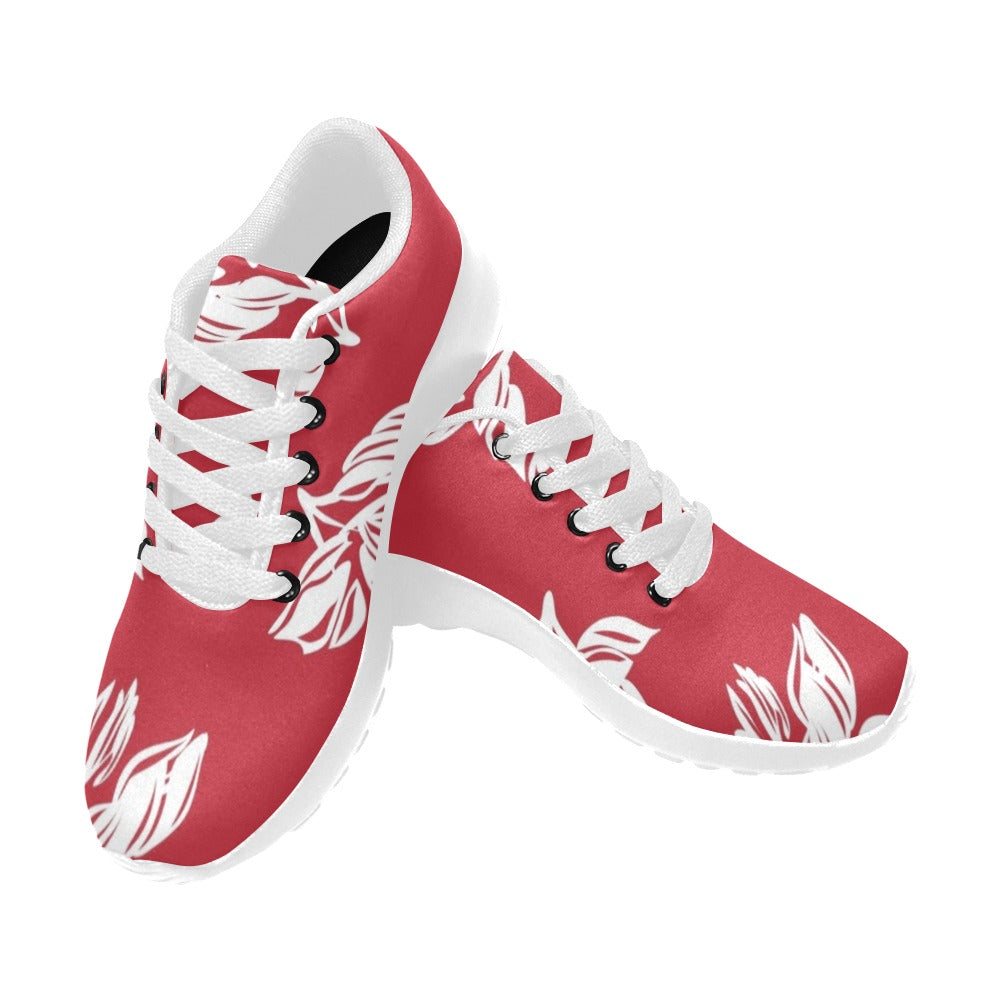 Red Retro Foliage, Hawaiian Flower - Kids Sneakers