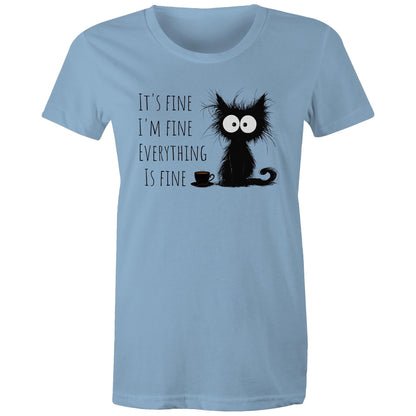 It's Fine, I'm Fine, Frazzled Cat - Womens T-shirt Carolina Blue