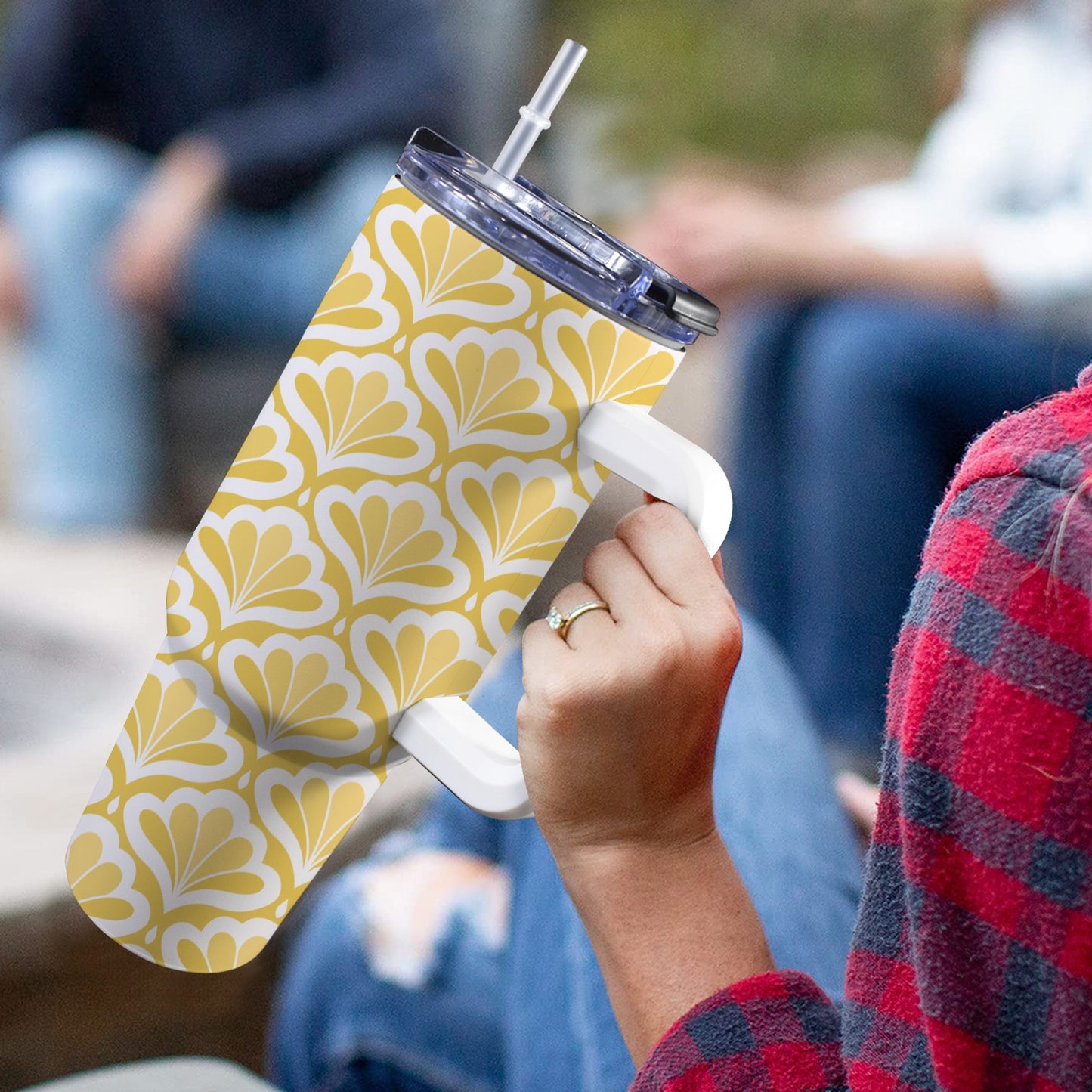 Yellow Pattern - 40oz Tumbler with White Handle