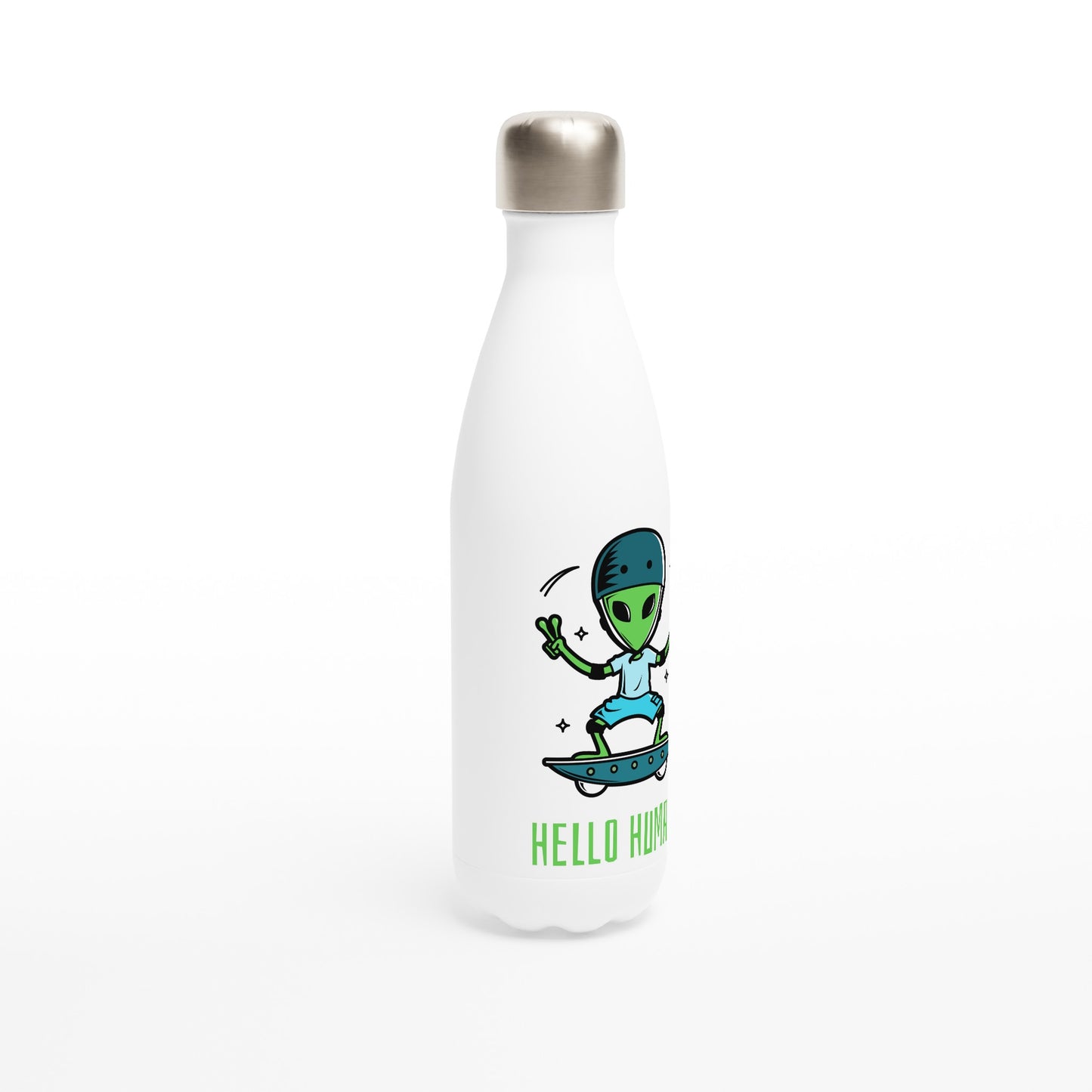Alien Skateboard, Hello Humans - White 17oz Stainless Steel Water Bottle White Water Bottle Sci Fi