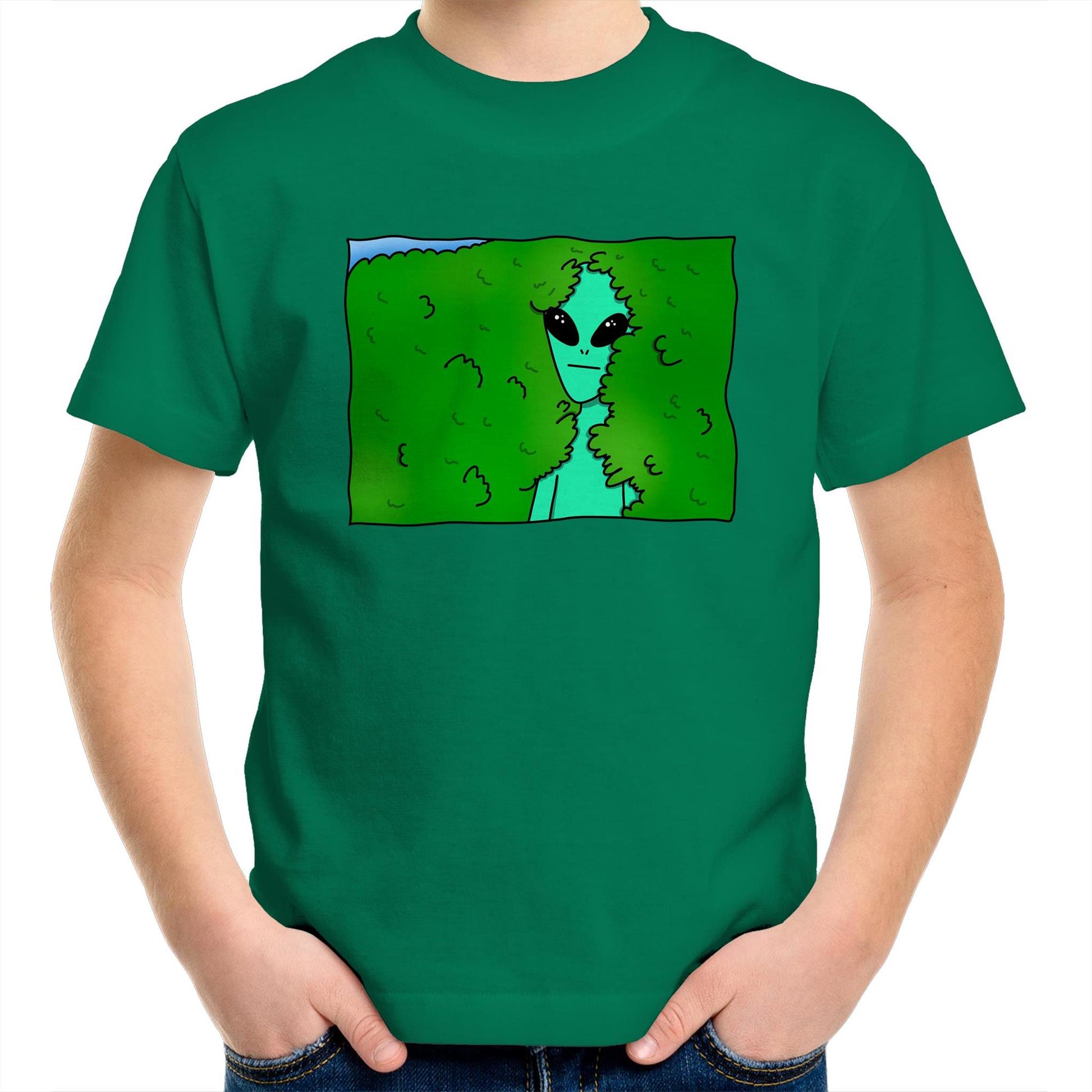 Alien Backing Into Hedge Meme - Kids Youth T-Shirt Kelly Green Kids Youth T-shirt Funny Sci Fi