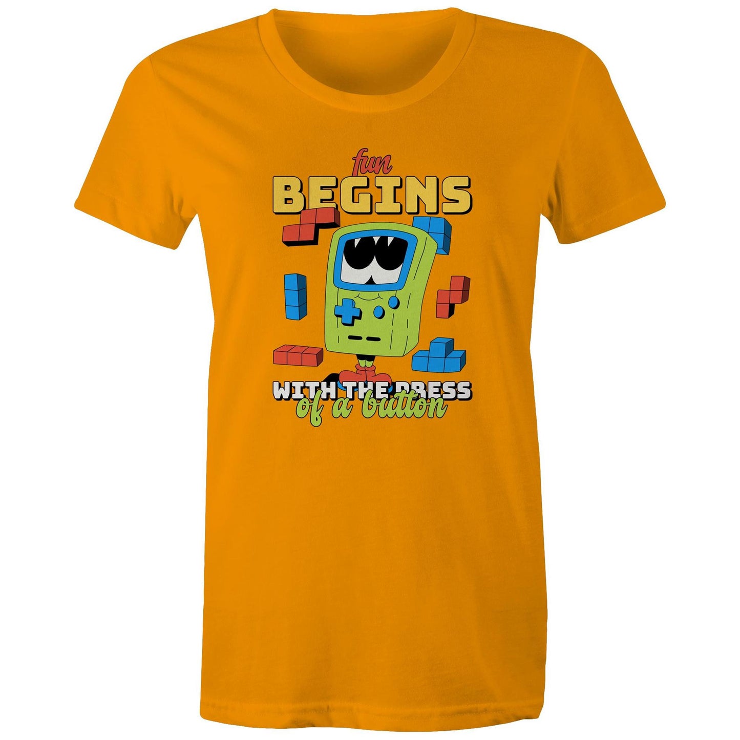 Fun Begins With The Press OF A Button, Game - Womens T-shirt Orange Womens T-shirt Games Printed In Australia