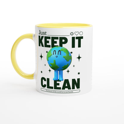 Earth, Just Keep It Clean - White 11oz Ceramic Mug with Colour Inside Ceramic Yellow Colour 11oz Mug Environment