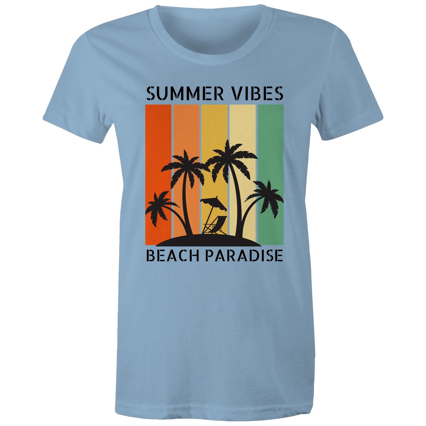 Summer Vibes, Beach Paradise - Womens T-shirt Carolina Blue Womens T-shirt Printed In Australia Summer Surf