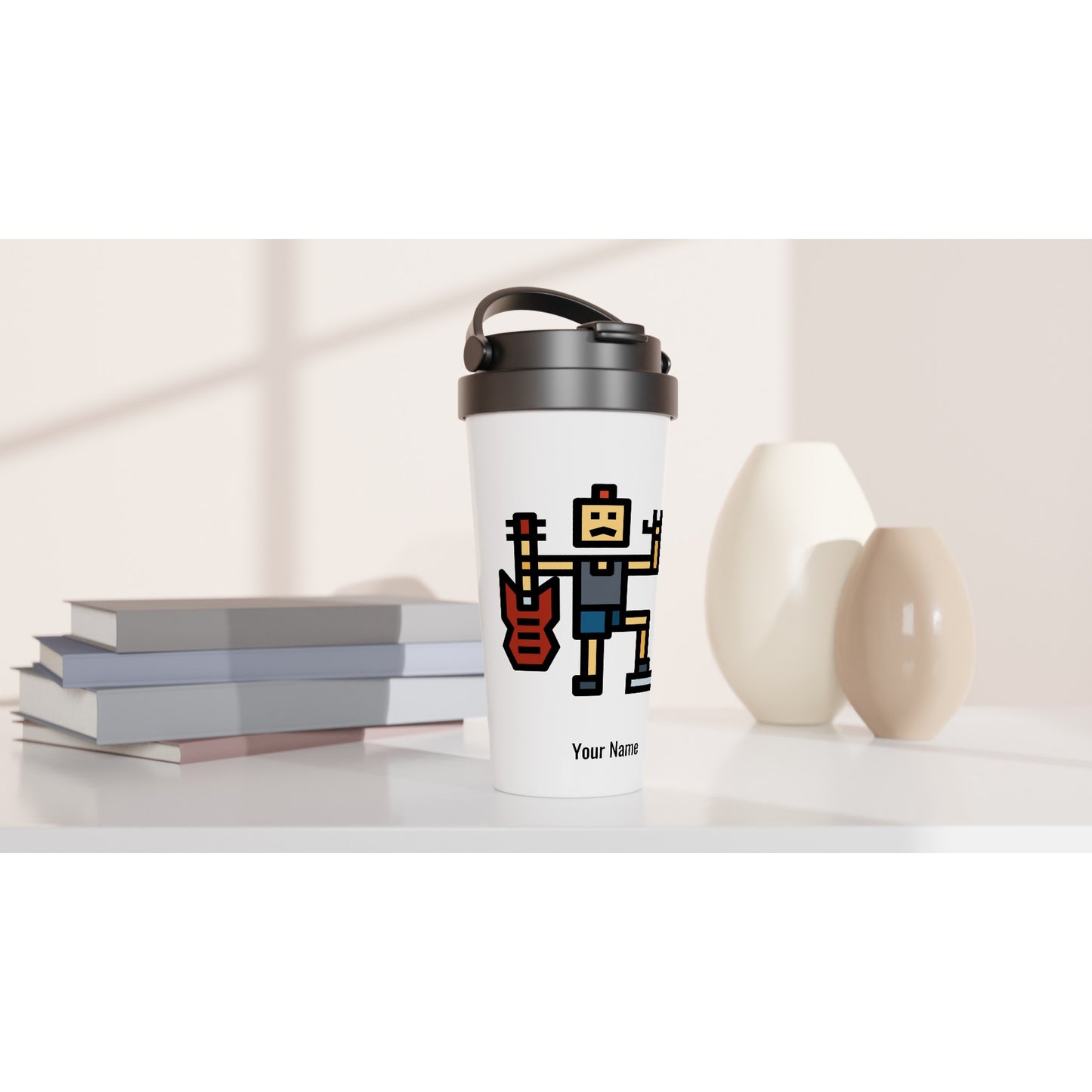 Personalised - Rock And Roll - White 15oz Stainless Steel Travel Mug Personalised Travel Mug coffee music