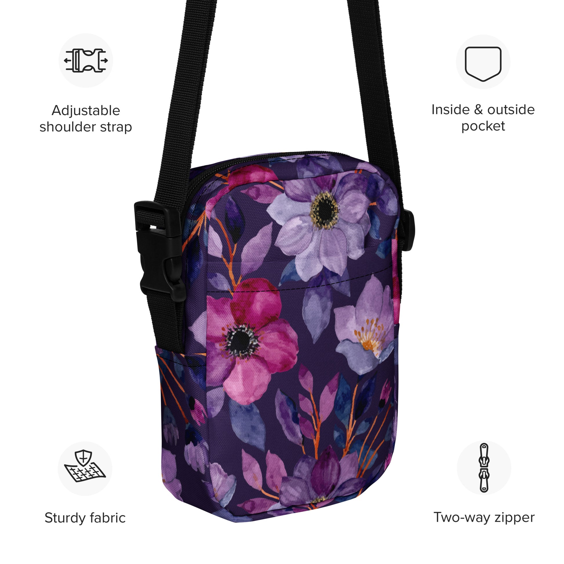 Purple Flowers - Utility crossbody bag Utility Cross Body Bag