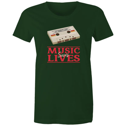 Music Saves Lives, Cassette Tape - Womens T-shirt Forest Green Womens T-shirt Music Printed In Australia Retro