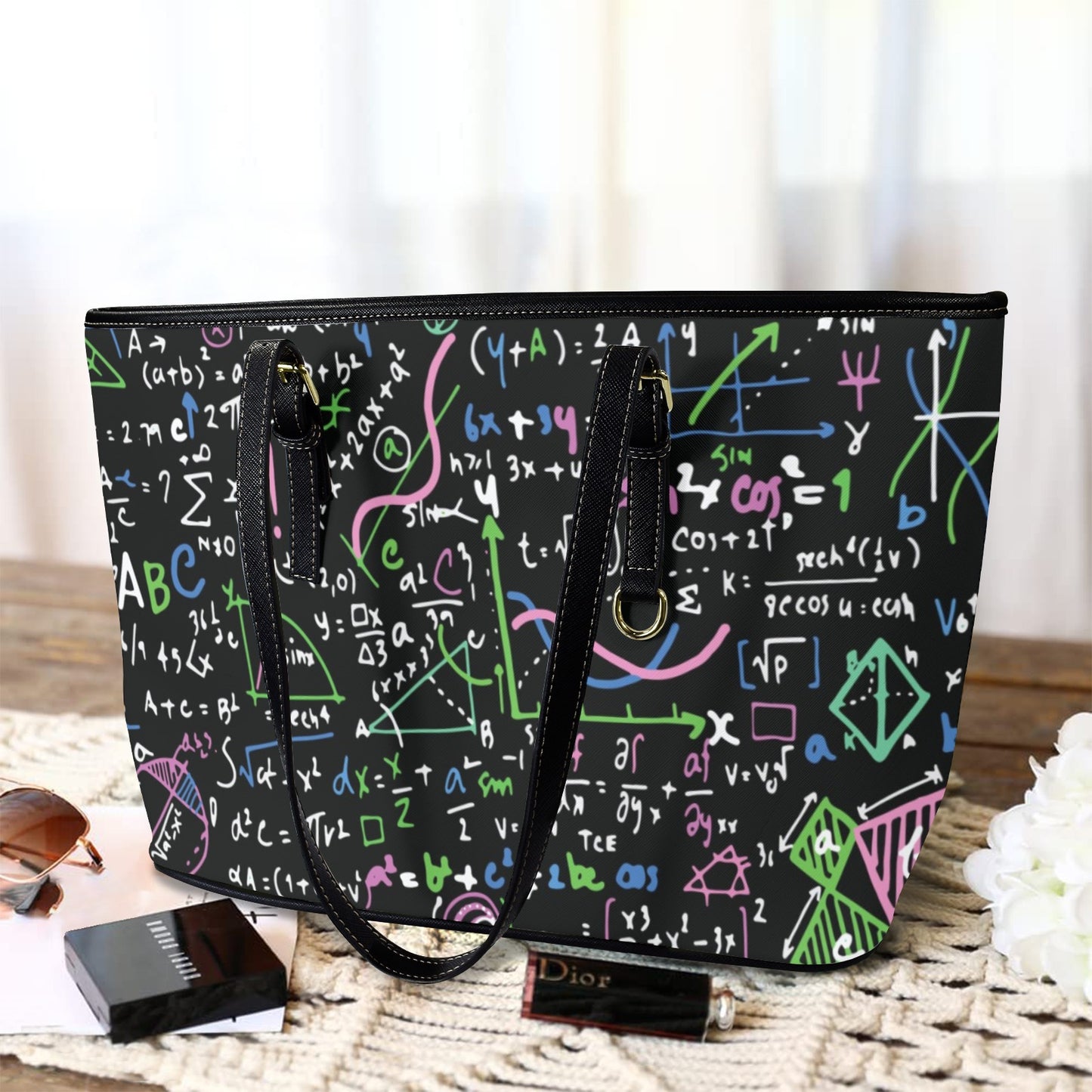 Equations In Green And Pink - Leather Tote Bag-Large