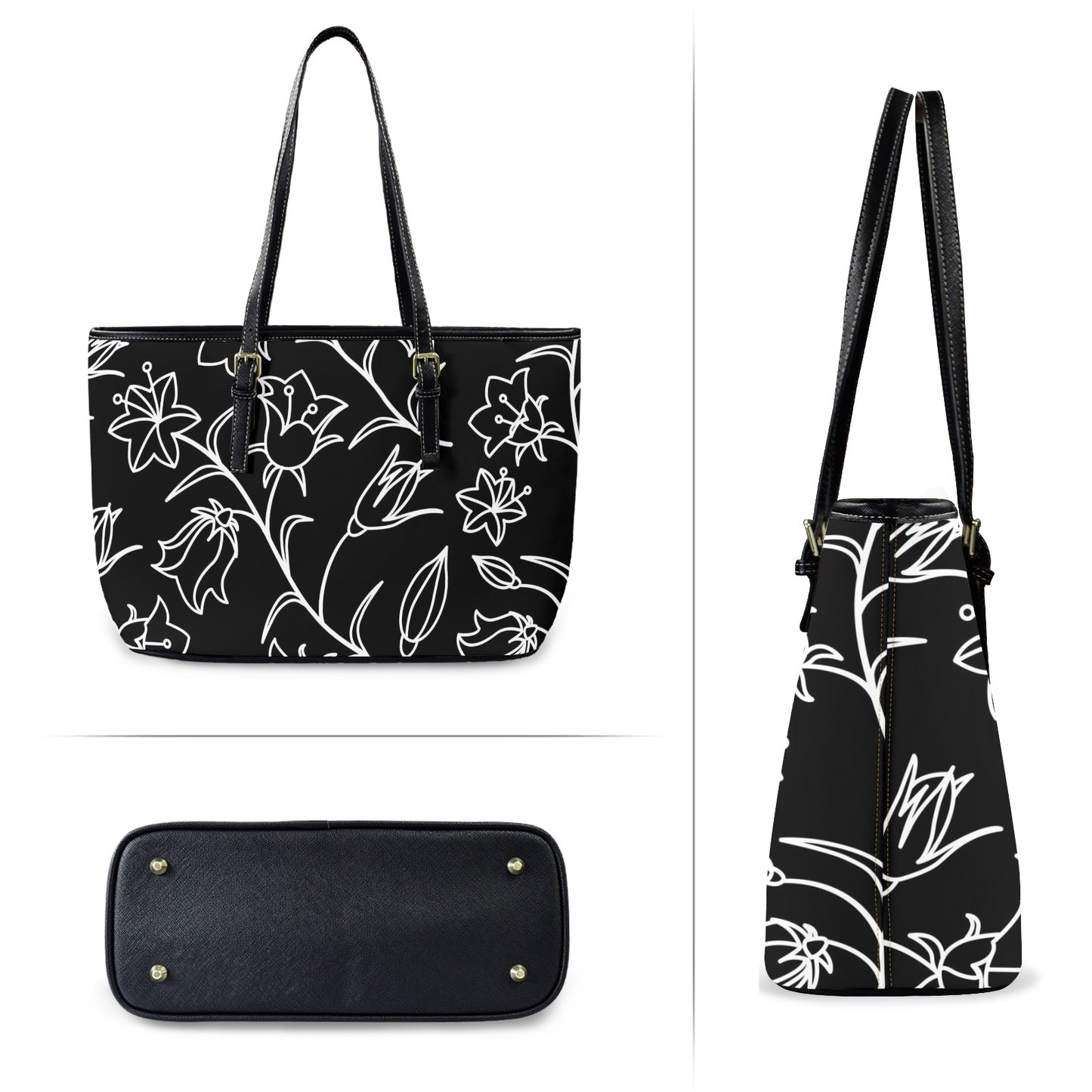 Black And White Floral - Leather Tote Bag-Large