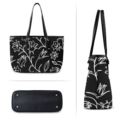 Black And White Floral - Leather Tote Bag-Large