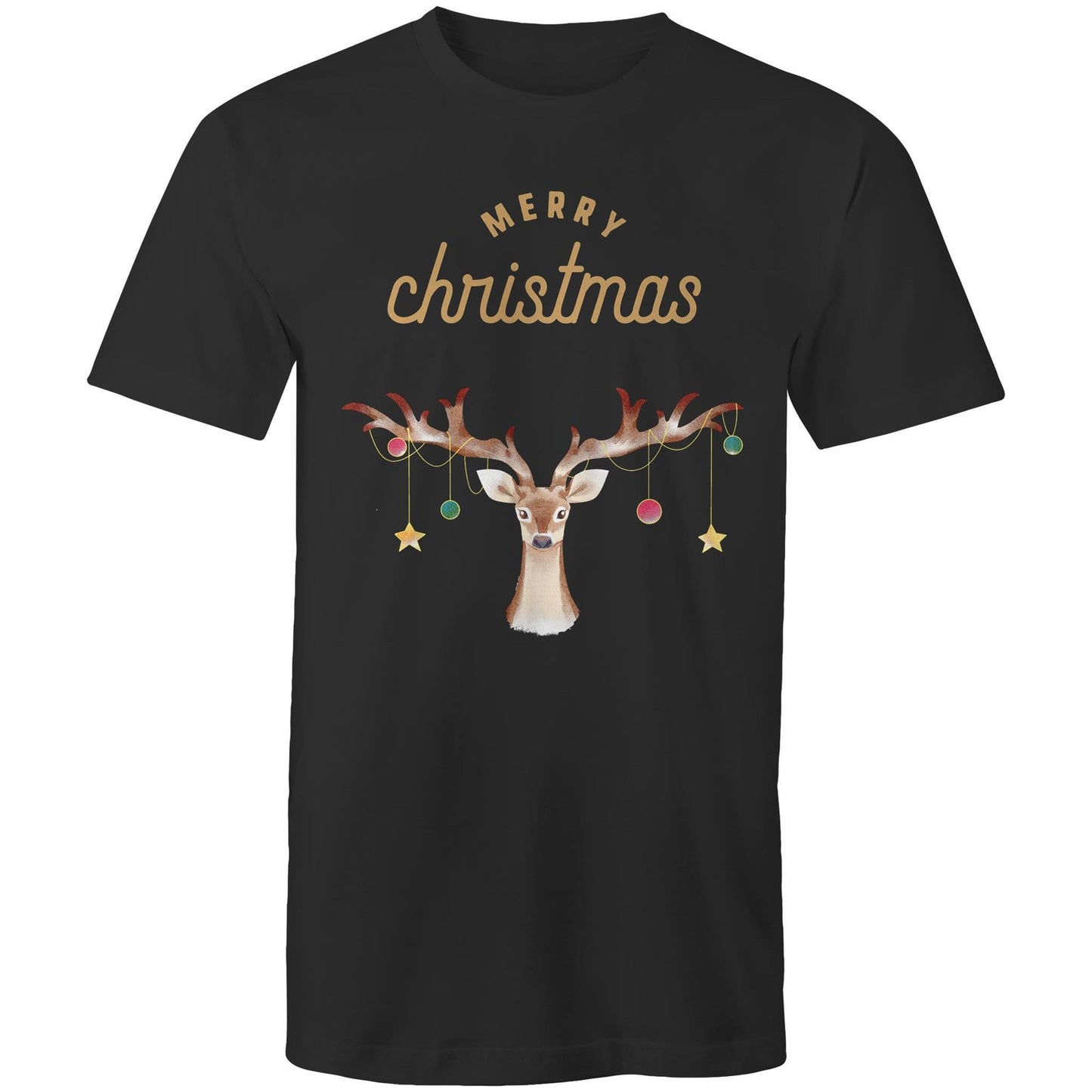 Merry Christmas, Reindeer - Mens T-Shirt Black Mens Christmas T-shirt Christmas Printed In Australia