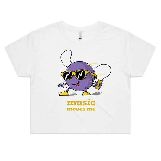 Music Moves Me, Earbuds - Women's Crop Tee White Womens Crop Top Music