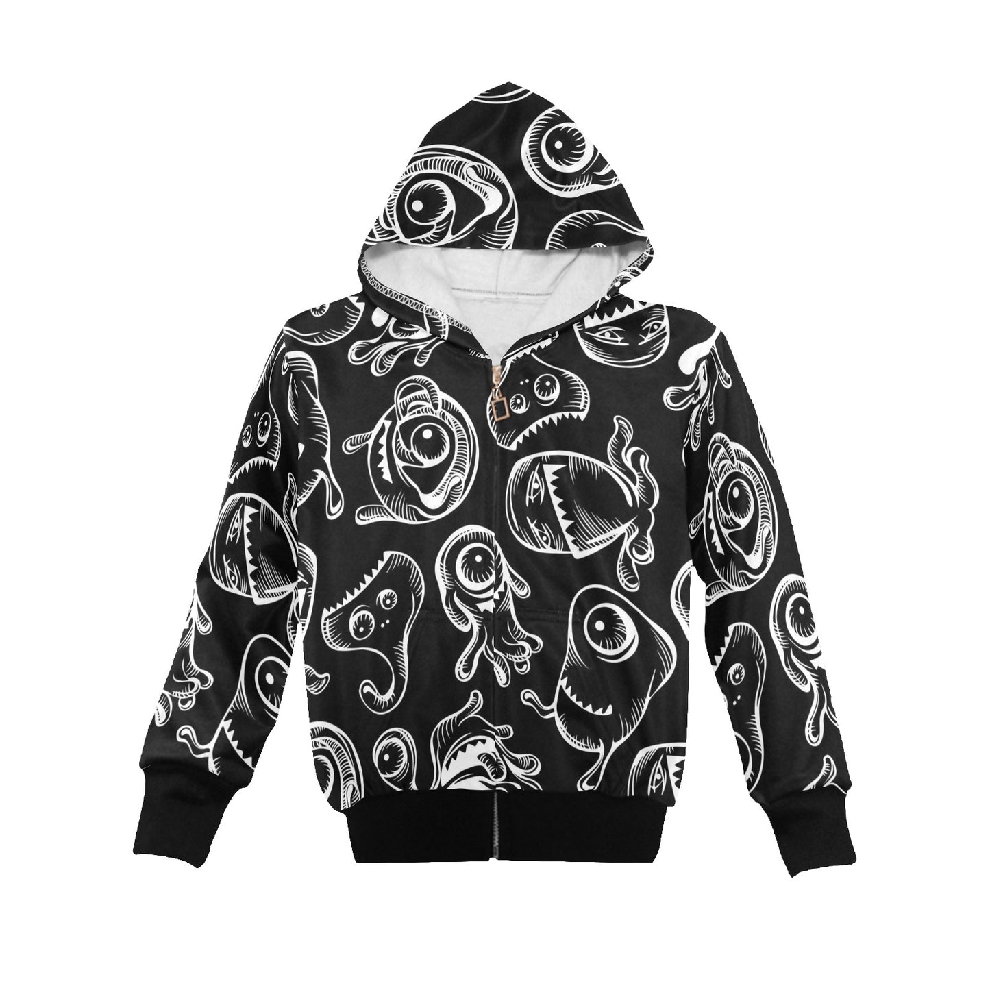 Monsters In Black And White - Junior Boys Zip Up Hoodie