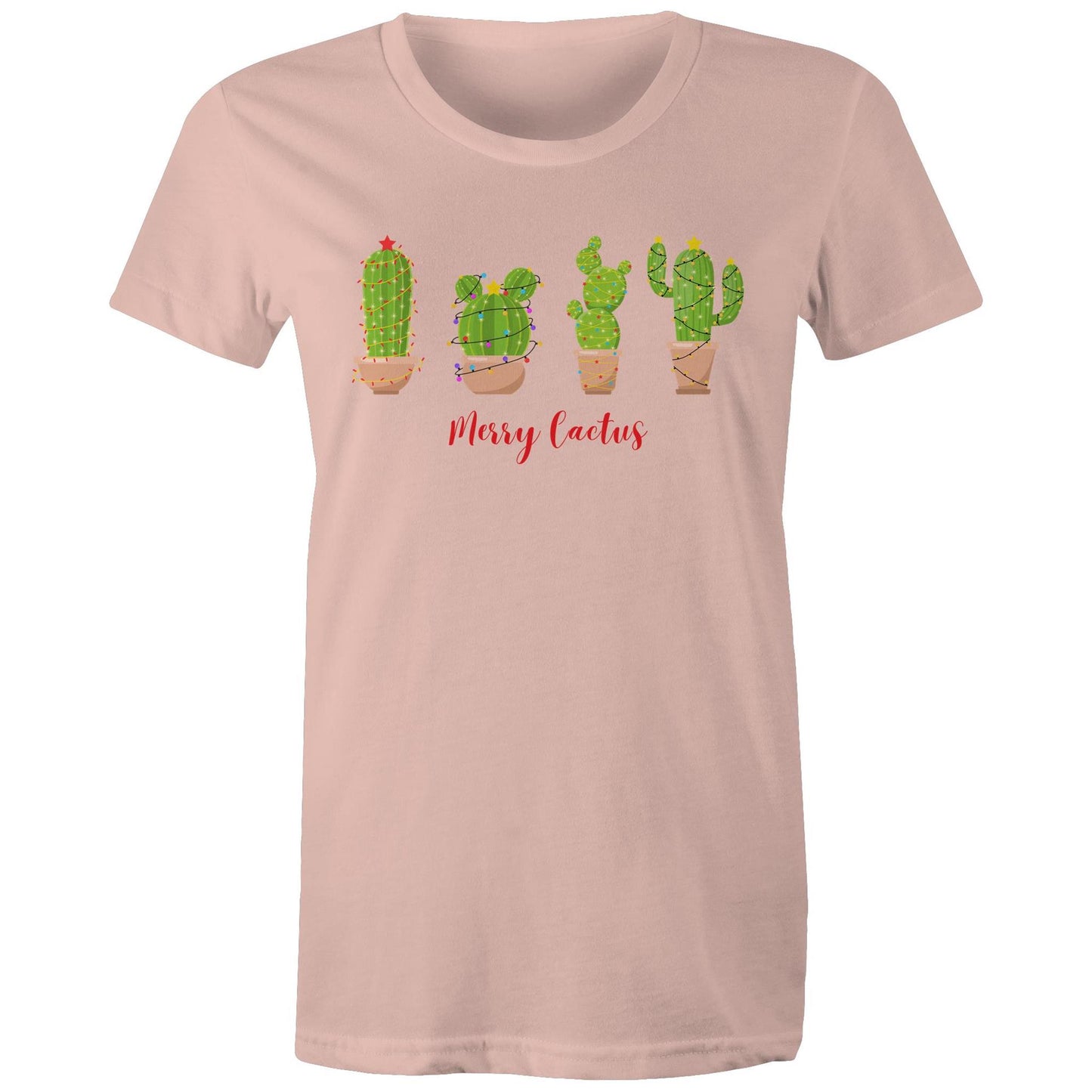 Merry Cactus, Christmas - Womens T-shirt Pale Pink Womens Christmas T-shirt Christmas Printed In Australia