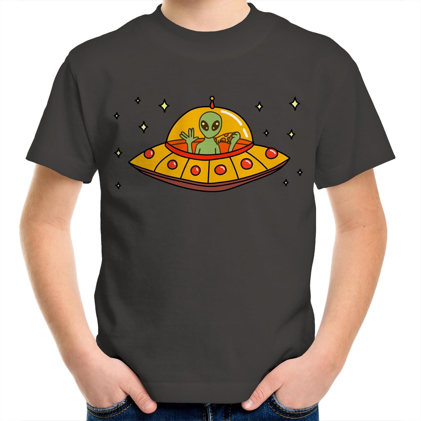 Alien Pizza - Kids Youth T-Shirt Charcoal Kids Youth T-shirt Sci Fi