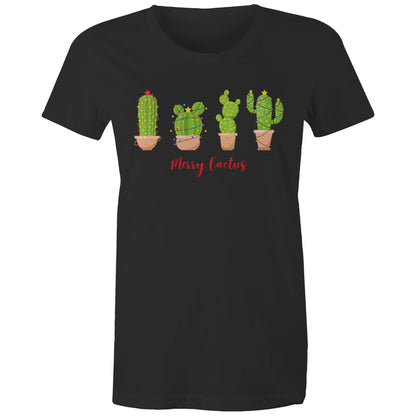 Merry Cactus, Christmas - Womens T-shirt Black Womens Christmas T-shirt Christmas Printed In Australia