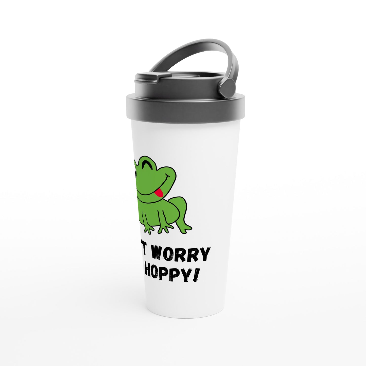 Frog, Don't Worry Be Hoppy - White 15oz Stainless Steel Travel Mug Travel Mug Globally Fulfilled Positivity