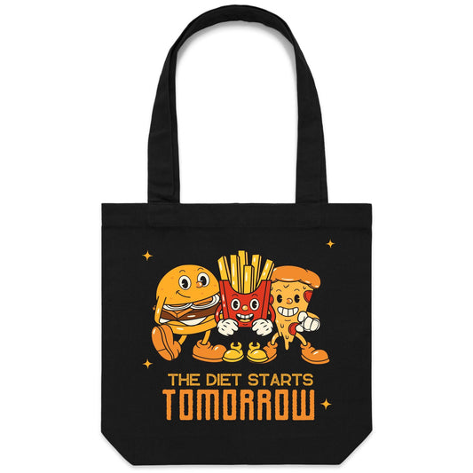 The Diet Starts Tomorrow, Hamburger, Pizza, Fries - Canvas Tote Bag Black One Size Tote Bag Food Funny Retro