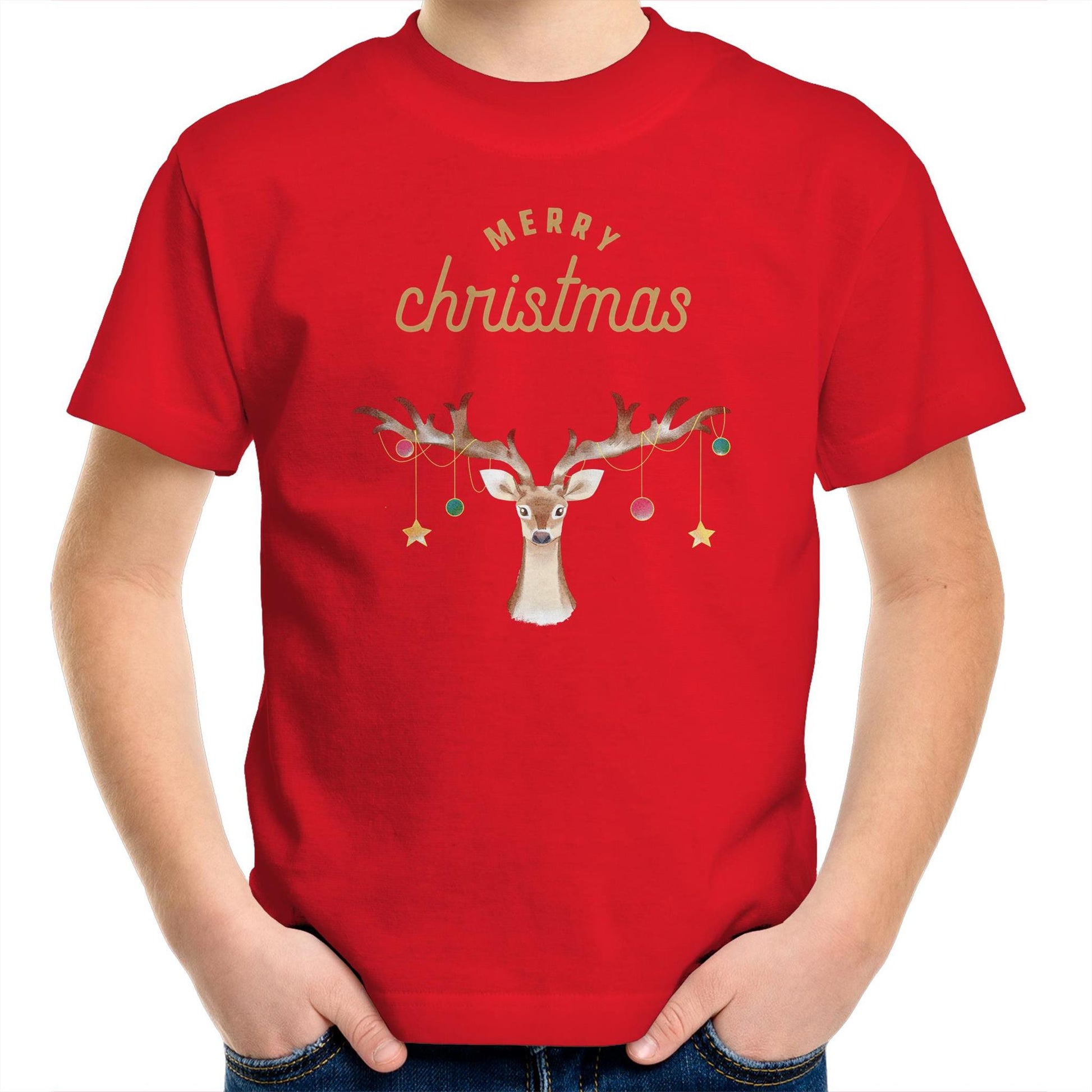 Merry Christmas Reindeer - Kids Youth T-Shirt Red Christmas Kids T-shirt Merry Christmas