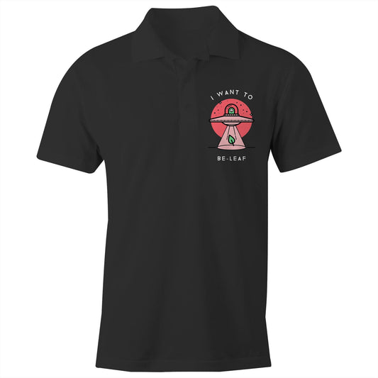 UFO, I Want To Be-Leaf - Chad S/S Polo Shirt, Printed Black Polo Shirt Sci Fi