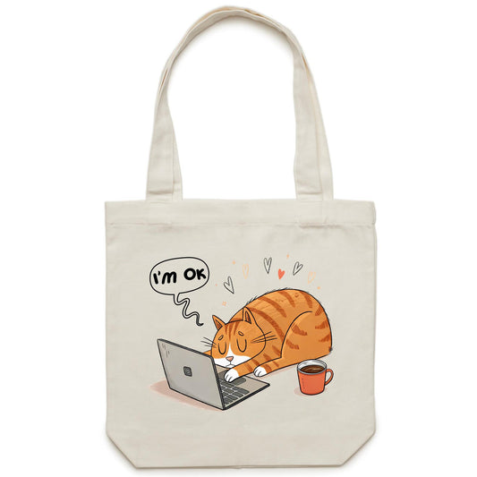 Cat Laptop, I'm OK - Canvas Tote Bag Default Title Tote Bag animal Printed In Australia