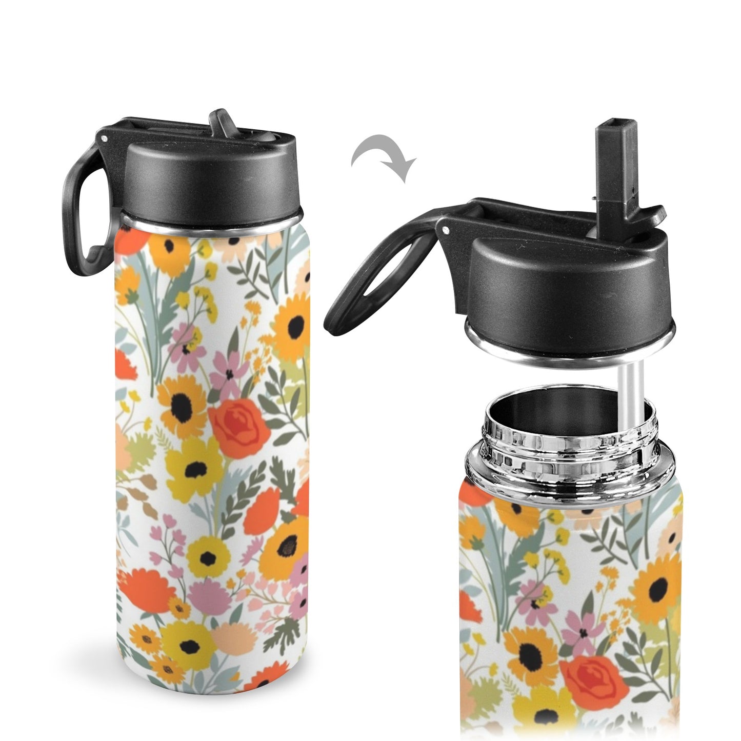 Fun Floral - Insulated Water Bottle with Straw Lid (18oz) Insulated Water Bottle with Swing Handle Printed Offshore