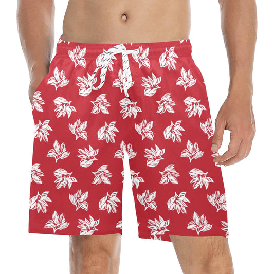 Red Retro Foliage, Hawaiian Flower - Men's Mid-Length Beach Shorts