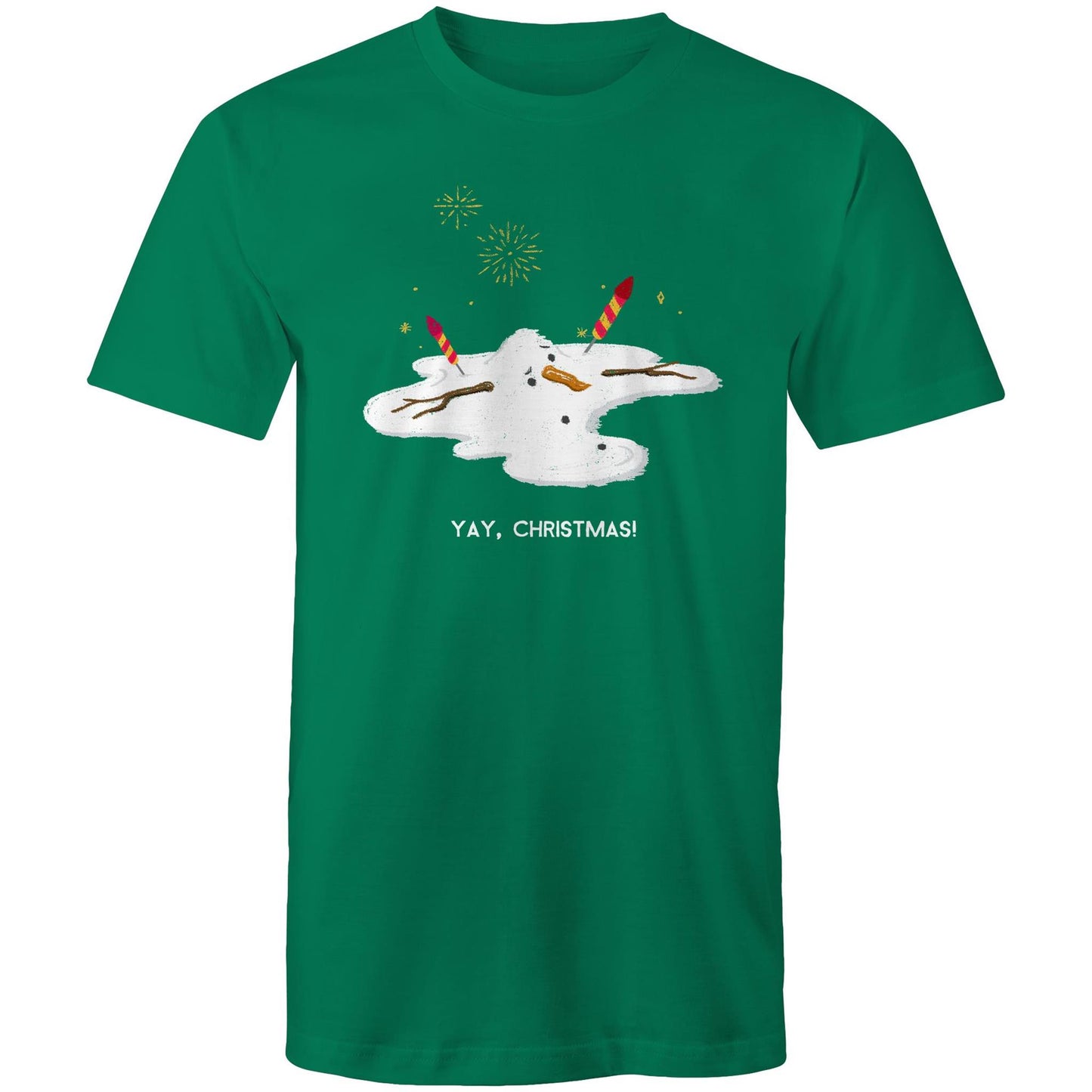 Melting Snowman, Yay Christmas - Mens T-Shirt Kelly Green Mens Christmas T-shirt Christmas Printed In Australia