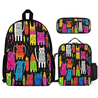 Colourful Cartoon Cats - School Backpack Three Piece Set