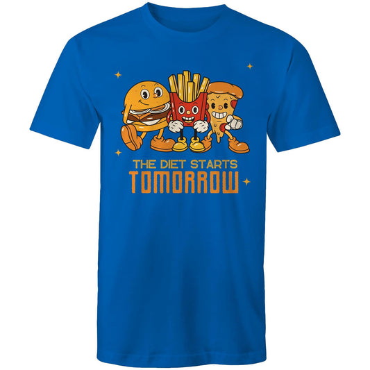 The Diet Starts Tomorrow, Hamburger, Pizza, Fries - Mens T-Shirt Bright Royal Mens T-shirt Food Funny Retro