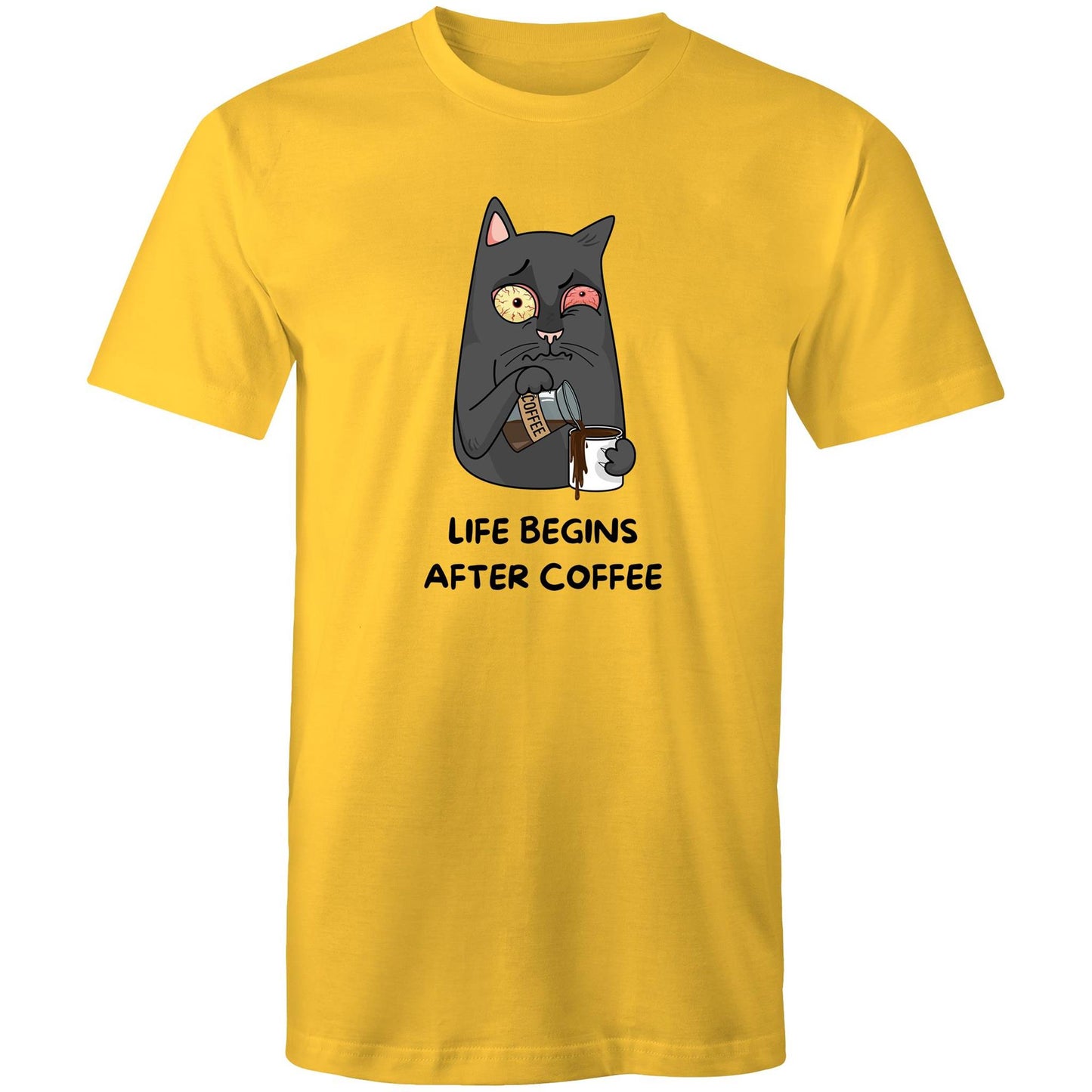 Life Begins After Coffee - Mens T-Shirt Yellow Mens T-shirt Coffee Printed In Australia