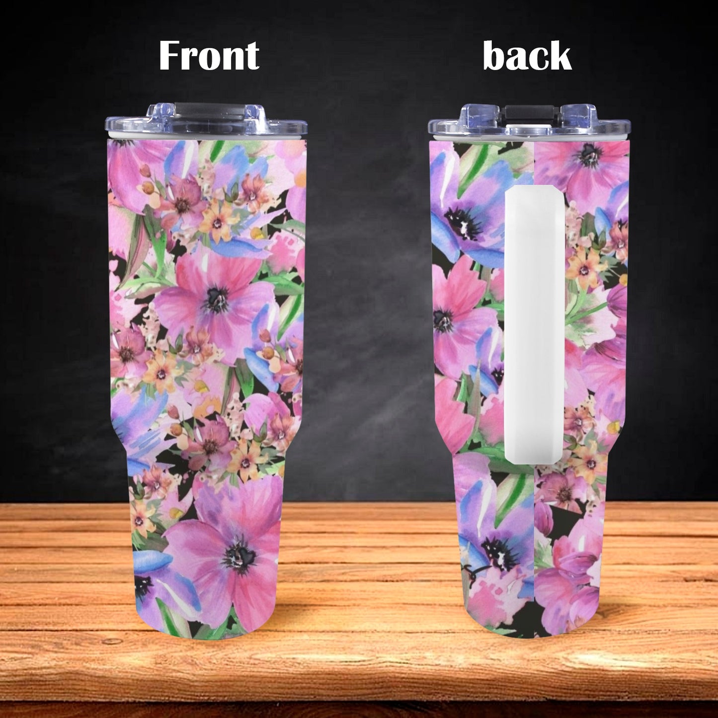 Bright Pink Floral - 40oz Tumbler with White Handle