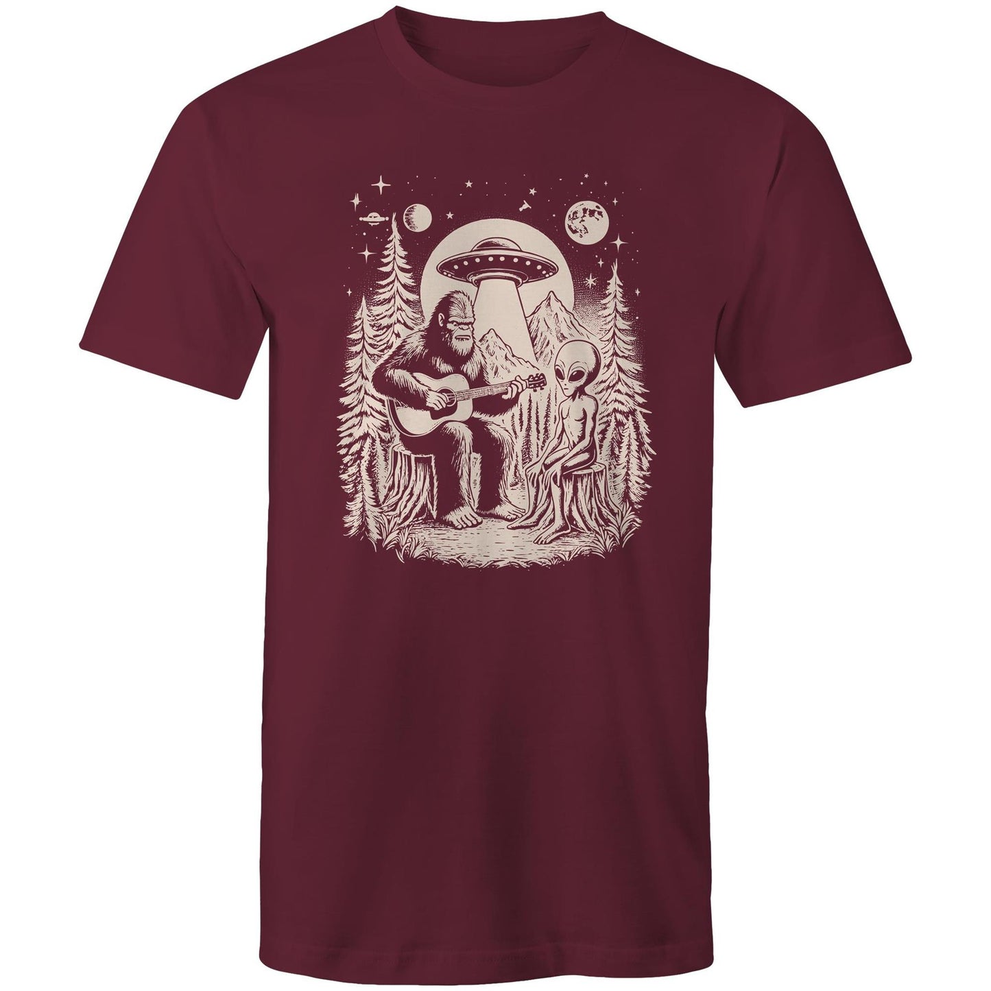 Alien And Bigfoot Play Guitar - Mens T-Shirt Burgundy Mens T-shirt Music Printed In Australia Sci Fi