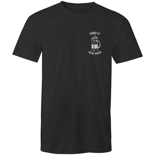 Deja Brew, French Press, Front And Back Print - Mens T-Shirt Black Mens T-shirt Coffee