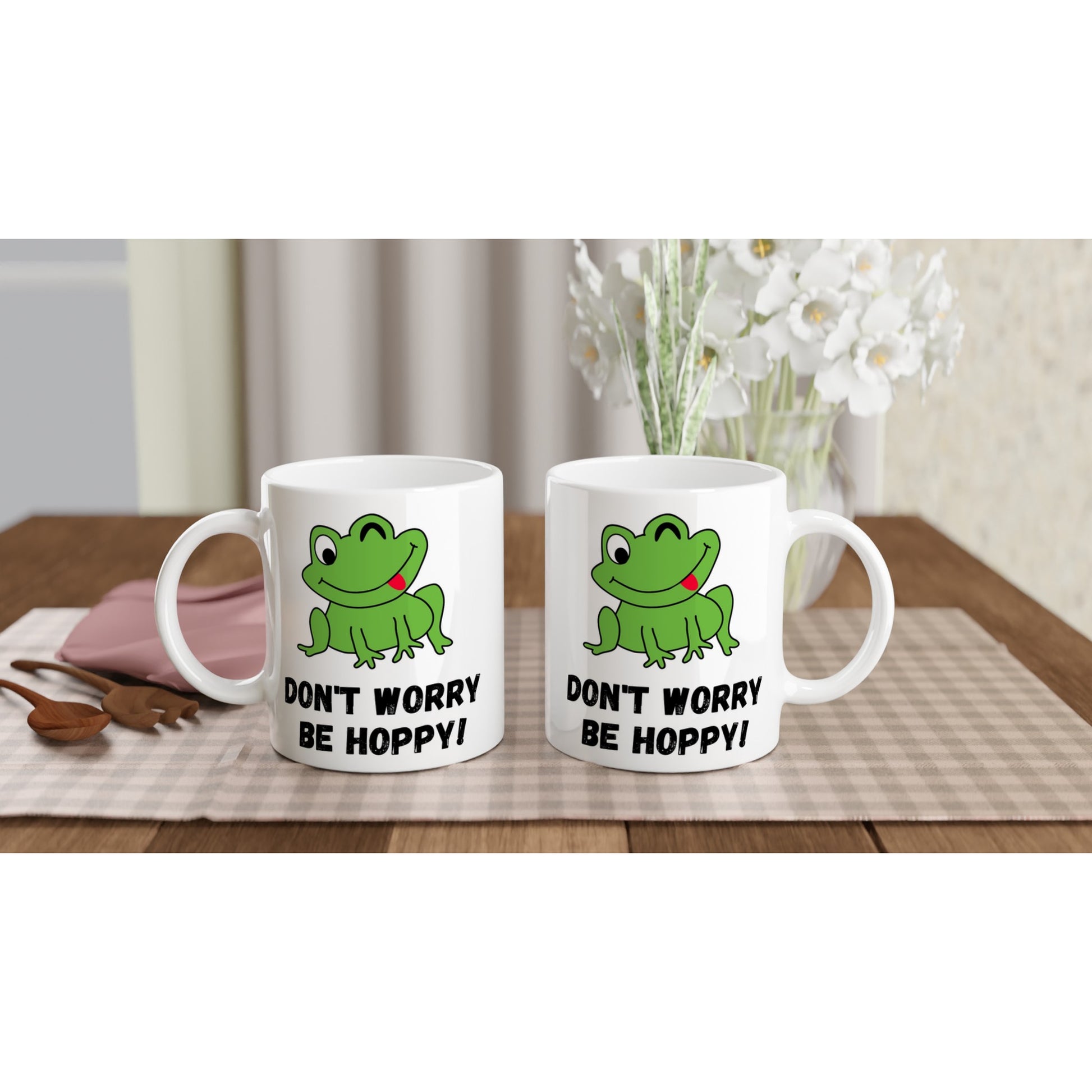 Don't Worry Be Hoppy, Frog - White 11oz Ceramic Mug White 11oz Mug animal Globally Fulfilled Positivity