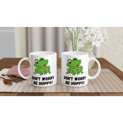 Don't Worry Be Hoppy, Frog - White 11oz Ceramic Mug White 11oz Mug animal Globally Fulfilled Positivity