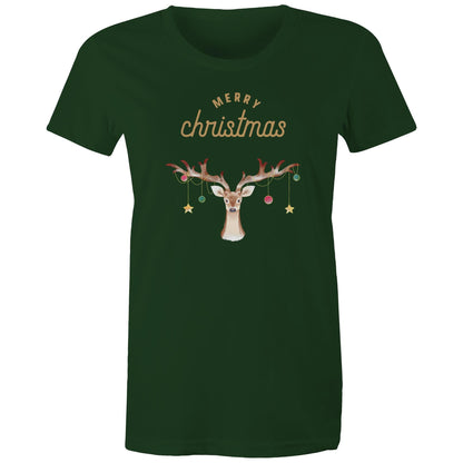 Merry Christmas Reindeer - Womens T-shirt Forest Green Christmas Womens T-shirt Merry Christmas